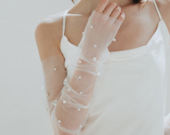 Pearl Bridal Gloves Fingerless Wedding Gloves - Tulle Bridal Sheer Sleeves Custom Ruched Arm Warmers Bridal Shower Accessories