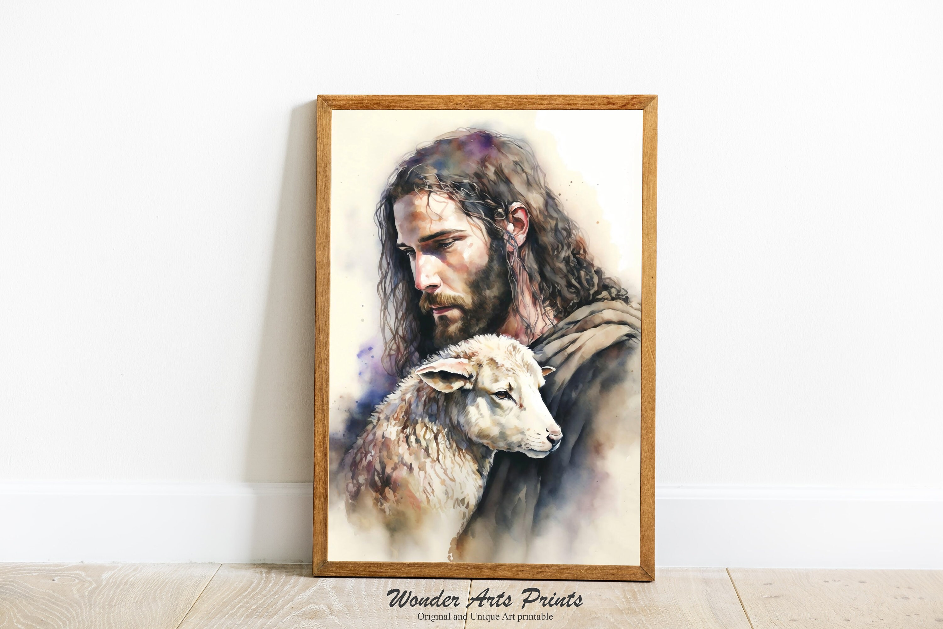 Jesus and Lamb, Jesus Art Portrait, Christ Print, Watercolor Painting