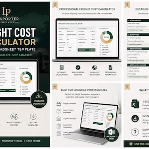 May include: A digital freight cost calculator Excel spreadsheet template by Luxporter Templates. The layout displays a laptop screen showing cost summary tables, pie charts, and detailed breakdowns for ocean freight, surcharges, and logistics expenses.