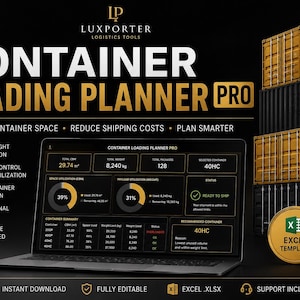 Könnte beinhalten: Eine digitale Benutzeroberfläche für Container Loading Planner Pro auf einem Laptop-Bildschirm mit Datentabellen, Diagrammen und Logistik-Metriken. Daneben befinden sich gestapelte gelbe und schwarze Versandcontainer sowie ein goldenes Excel-Symbol.