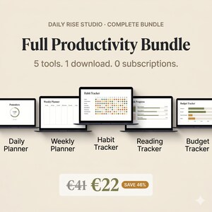 Op de afbeelding: Een digitale productiviteitsbundel weergegeven op vijf laptops. De schermen tonen een dagplanner, weekplanner, habit tracker, leestracker en budget tracker. De tekst luidt "Full Productivity Bundle" en "5 tools. 1 download. 0 subscriptions."