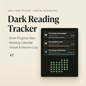Può includere: Grafica scaricabile digitalmente per un Dark Reading Tracker. Il tracker nero mostra barre di avanzamento del libro, un calendario di lettura e un registro di sessione. Il tracker mostra tre libri con percentuali di avanzamento. Il testo "Dark Reading Tracker" è in grassetto e in grandi dimensioni.