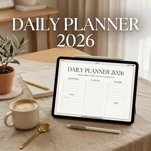Può includere: Un tablet mostra un'agenda giornaliera digitale per il 2026. Lo schermo mostra un layout dell'agenda con sezioni per le priorità principali, le liste di cose da fare e la pianificazione. Una tazza di caffè, un taccuino e una penna sono anche sul tavolo.