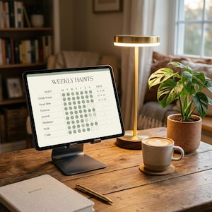 Può includere: Una scrivania in legno mostra un tablet con un grafico "WEEKLY HABITS", una lampada dorata, una tazza di caffè e una pianta in vaso. Sono presenti anche un taccuino e una penna. Il tablet è su un supporto argentato.