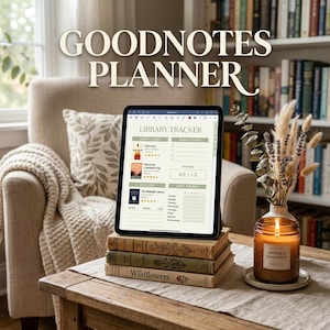 Può includere: Un tablet con un pianificatore digitale "GOODNOTES PLANNER" con monitoraggio della biblioteca, impilato su libri vintage. Una candela accesa e un vaso di fiori secchi creano un angolo lettura accogliente.