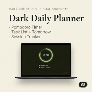 Può includere: Un laptop nero mostra un'interfaccia di pianificazione giornaliera scura. Lo schermo mostra un timer Pomodoro, un elenco di attività e un tracker di sessioni. Il testo "Dark Daily Planner" è in alto.