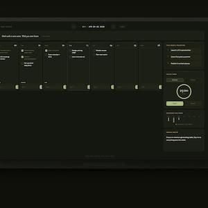 May include: A laptop screen displaying a dark green user interface with a calendar and task management system. The interface includes a weekly schedule, task lists, and time tracking features. The screen displays the text "Just add a new item. Well you were born."