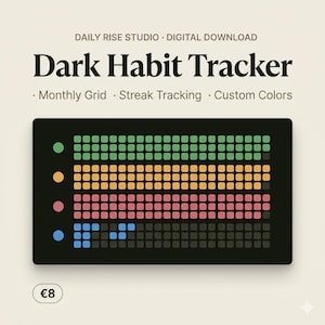 Può includere: Un habit tracker digitale a tema scuro. Il design presenta una griglia con sezioni colorate per il monitoraggio delle abitudini, tra cui verde, giallo, rosa e blu. Il testo include "Dark Habit Tracker", "Monthly Grid", "Streak Tracking" e "Custom Colors".