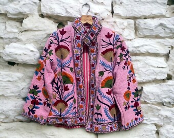 Pink Handmade Suzani Embroidery Jacket Winter Wear Jacket Coat Womens Coat, Suzani Short Jacket TNT Fabric Suzani Jacket Robe Gift For Her