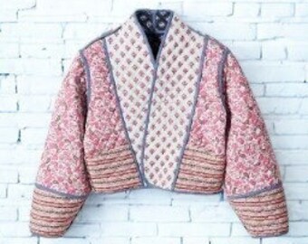 Pink/Blue Paisley Hand Block Printed Quilted Jacket, Reversible Women's Jacket, Handmade Cotton Short Coat, Boho Streetwear, Gift For Her