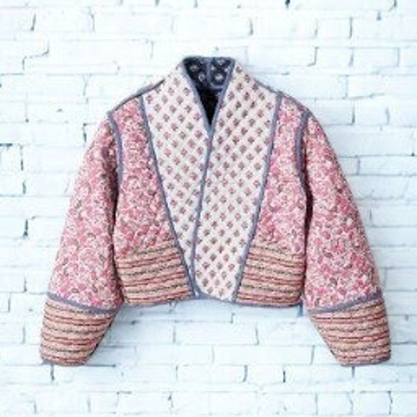 Pink/Blue Paisley Hand Block Printed Quilted Jacket, Reversible Women's Jacket, Handmade Cotton Short Coat, Boho Streetwear, Gift For Her