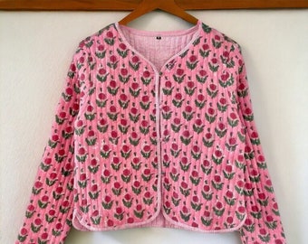 Pink Flower Hand Block Printed Quilted Jacket, Reversible Women's Jacket, Handmade Cotton Short Coat, Boho Streetwear, Gift For Her