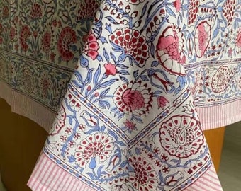 Nappe blanche/rose à imprimé bloc avec serviette/nappes/chemin de table couverture de table imprimée en coton fait main pour décoration de ferme
