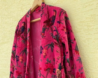 Kimono vintage bohème en tissu banian velours rose oiseau OFMD pour femme dans toutes les tailles cadeau pour elle