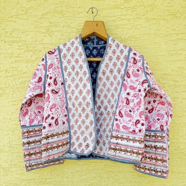 Pink/Blue Paisley Hand Block Printed Quilted Jacket, Reversible Women's Jacket, Handmade Cotton Short Coat, Boho Streetwear, Gift For Her