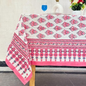 White Pink Floral Tablecloth ,Hand Block Printed Cotton Cloth Tablecloth, Rectangle Tablecloth Boho Wedding Table Cloth ,Farmhouse Decor