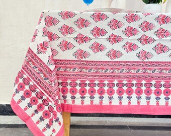 Tovaglia floreale rosa bianca, tovaglia in tessuto di cotone stampato a mano, tovaglia rettangolare, tovaglia per matrimoni Boho, arredamento per la casa colonica