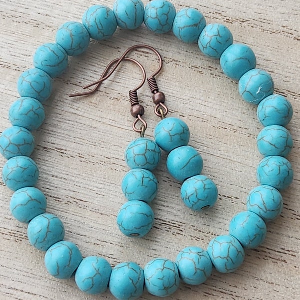 Stretch Bracelet & Earring Set - Faux Turquoise Beads - 7 inch, Brass