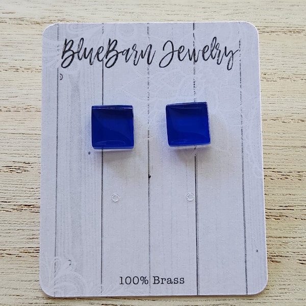 Square Blue Glass Tile Stud Earrings, Silver Tone Brass Studs, Stud Earrings