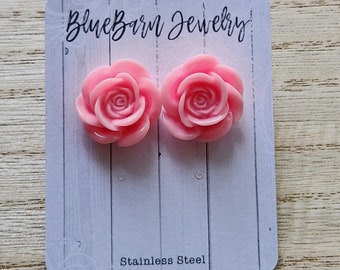 Large Rose Studs - Pink - Stainless Steel, Rose Studs, Flower Studs