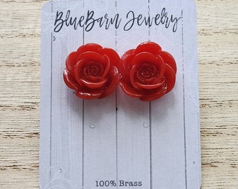 Large Red Rose Stud Earrings, Silver Tone Brass Studs, Rose Studs, Flower Studs