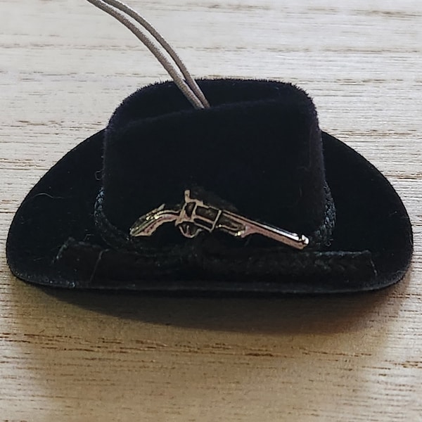 Cowboy Hat Car Charm, 2 inch Black with Silver Tone Pistol Charm and Silver Stretch String