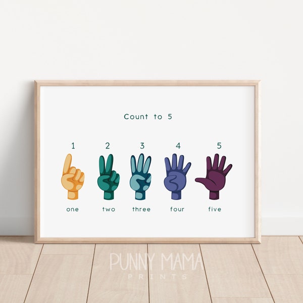 Finger Counting Wall Art PRINTABLE Bold Jewel Tones Count to 5 Nursery Print Classroom Playroom Decor Toddler Counting and Numbers Poster