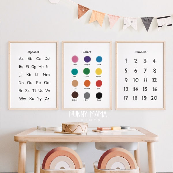 High Contrast Printable Set of 3 Baby Wall Art Alphabet Numbers & Colors Prints Black and White ABCs Numbers Nursery Toddler Playroom Decor