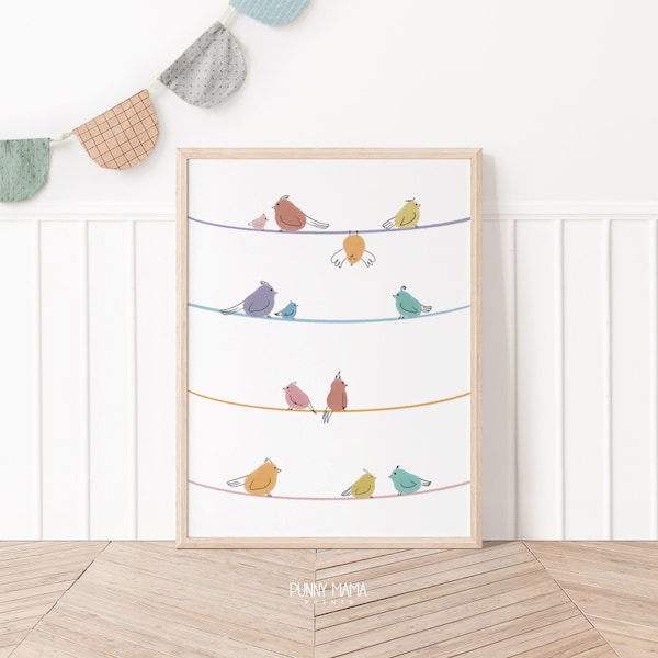 Silly Little Birds Printable Wall Art, Pastel Rainbow, Whimsical Nursery Print, Cute Kids Playroom Decor, Watercolor Birds Instant Download