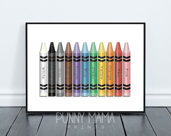 May include: A set of 14 crayons in various colors, including white, gray, brown, purple, blue, green, yellow, orange, red, and pink. Each crayon has the color name printed on it.