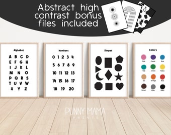 High Contrast Baby Printables, Black and White Abstract Prints, ABCs, Alphabet Numbers Colors Shapes, Nursery Wall Art, Kids Playroom Decor