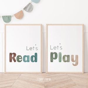 Lets Read, Lets Play, Nursery Prints Neutral Earth Tones Playroom Wall Art Toddler Play Sign Reading Nook Wall Art Lets Play Printable