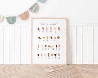 May include: A printable poster with the alphabet in sign language. Each letter is represented by a hand gesture with different skin tones. The poster has the title "Sign the Alphabet" at the top.