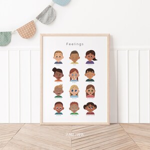 May include: A printable poster with the title "Feelings" and illustrations of children's faces expressing different emotions, such as happy, sad, angry, and scared.