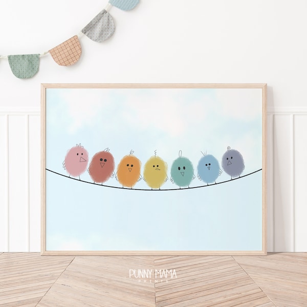 Little Birds Printable Nursery Wall Art, Pastel Rainbow Whimsical Playroom Decor, Silly Birds on a Line Print, Cute Quirky Wall Art DOWNLOAD