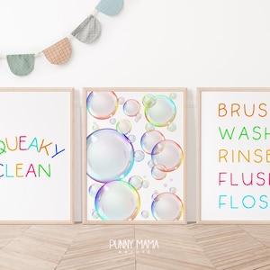 Squeaky Clean Kids Bathroom Print Set | Bold Colors Wash Floss Flush Bubbles Cute Toddler Bathroom Wall Art Printables Childrens Bath Decor.
