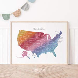 Mapa de Estados Unidos imprimible Pastel Rainbow Kids USA Mapa Impresión incluye Hawaii y Alaska Aula Sala de juegos Arte de pared Etiquetado Impresión de estados