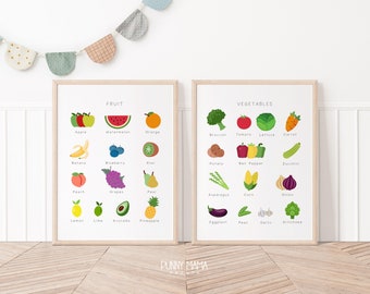 May include: Two printable posters with colorful illustrations of fruits and vegetables. The left poster is titled "FRUIT" and features 12 fruits, including apple, watermelon, orange, banana, blueberry, kiwi, peach, grapes, pear, lemon, lime, and avocado. The right poster is titled "VEGETABLES" and features 12 vegetables, including broccoli, tomato, lettuce, carrot, potato, bell pepper, zucchini, asparagus, corn, onion, eggplant, peas, garlic, and artichoke.