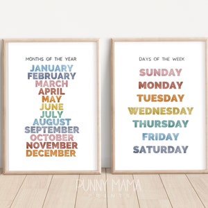 Days & Months Print Set Pastel Rainbow, Playroom Nursery Wall Art, Days of the Week, Months of the Year, Educational Classroom Decor Prints