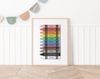 May include: A framed print of a vertical row of crayons, each labeled with its color: pink, red, orange, yellow, green, blue, purple, brown, gray, white.