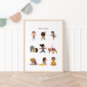 Move My Body Printable Wall Art Children&#39;s Stretching Yoga & Exercise Chart Healthy Habits Kids Yoga Poster Daycare Classroom Wall Art Print