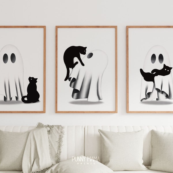 Ghost Meets Black Cat Print Set of 3, Black and White Prints, Minimalist Moody Unusual Wall Art, Ghost Holding Cat, Cute Gothic Home Decor