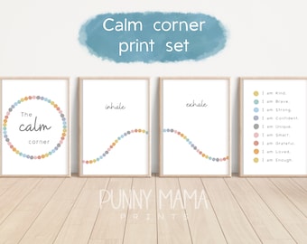 May include: Set of four printable posters with a calming theme. The first poster features a circle of colorful dots with the text "The calm corner". The second poster has a curved line of colorful dots with the word "inhale". The third poster has a curved line of colorful dots with the word "exhale". The fourth poster has a list of positive affirmations in colorful dots.