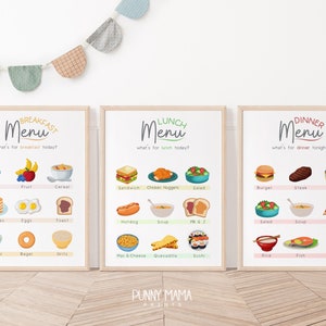 Menús de juego imprimibles Conjunto de 6, Decoración de cocina para niños, Juego de restaurante, Desayuno Almuerzo Cena Postre Menú de refrigerios y bebidas, Descarga digital