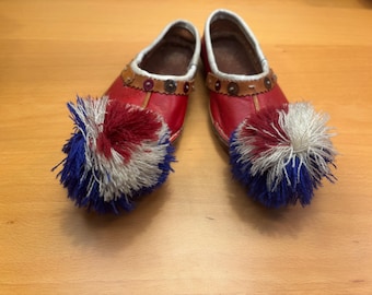 Vintage Greek Opanke Tsarouhi Pompom Shoes, Hand Stitched Leather, Red, White, & Blue PomPoms