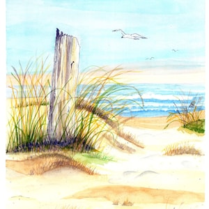 Seaside with Ocean, Fencepost, and Gull  original watercolor