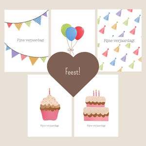 Set van 5 verjaardagskaarten – minimalistische wenskaarten – handgemaakte illustraties – gefeliciteerd – kaartenset cadeau
