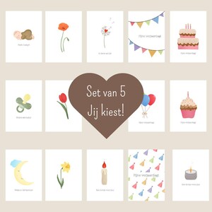 Set van 5 wenskaarten – mix & match – minimalistische illustraties – handgemaakte kaarten – voor elk moment