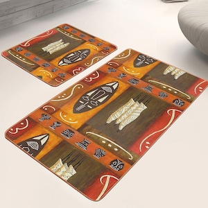 Ethnic Bathroom Mat Set: Orange Tribal Pattern, Non-Slip Rugs