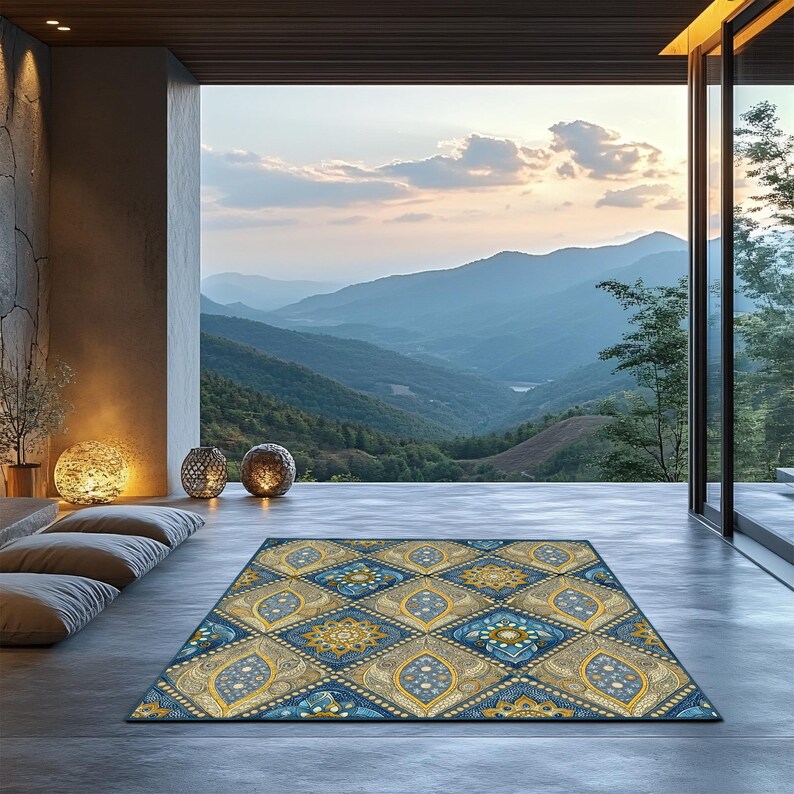 Ethnic Floral Rug: Blue Yellow Diamond Pattern, Non-slip Mat - Etsy